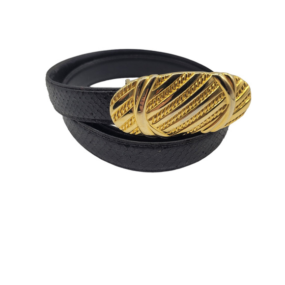 leather shop Accessories - Vintage Leather Shop womens Lg 38.5" Genuine Snakeskin Belt Gold Buckle Black